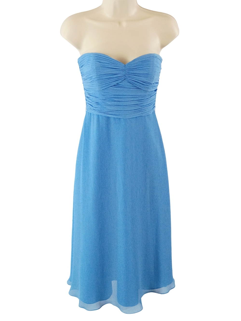 David's Bridal Strapless Sky Blue Chiffon Midi Dress